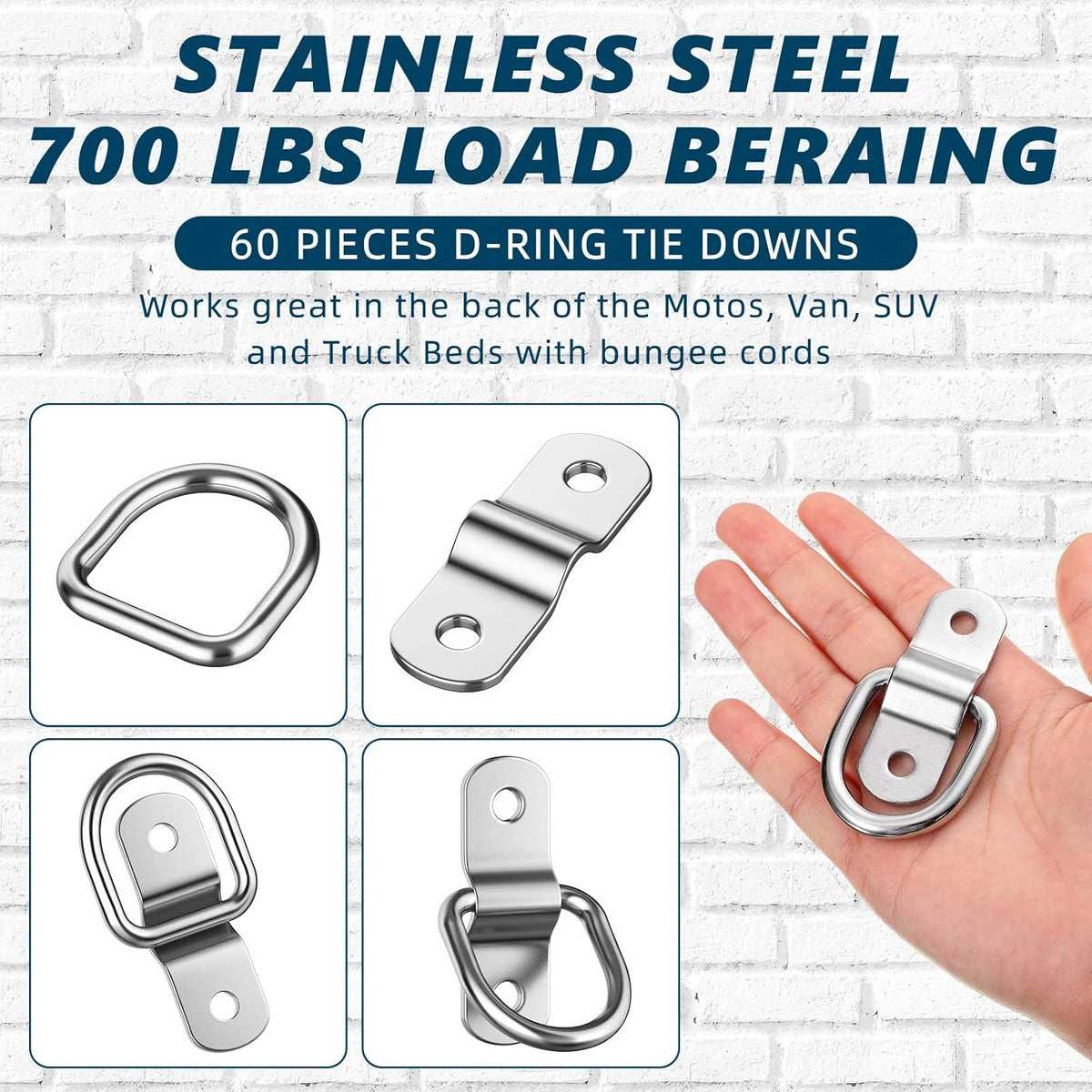 60 Pcs 1/4 Inch Heavy Duty Stainless Steel D Rings J519