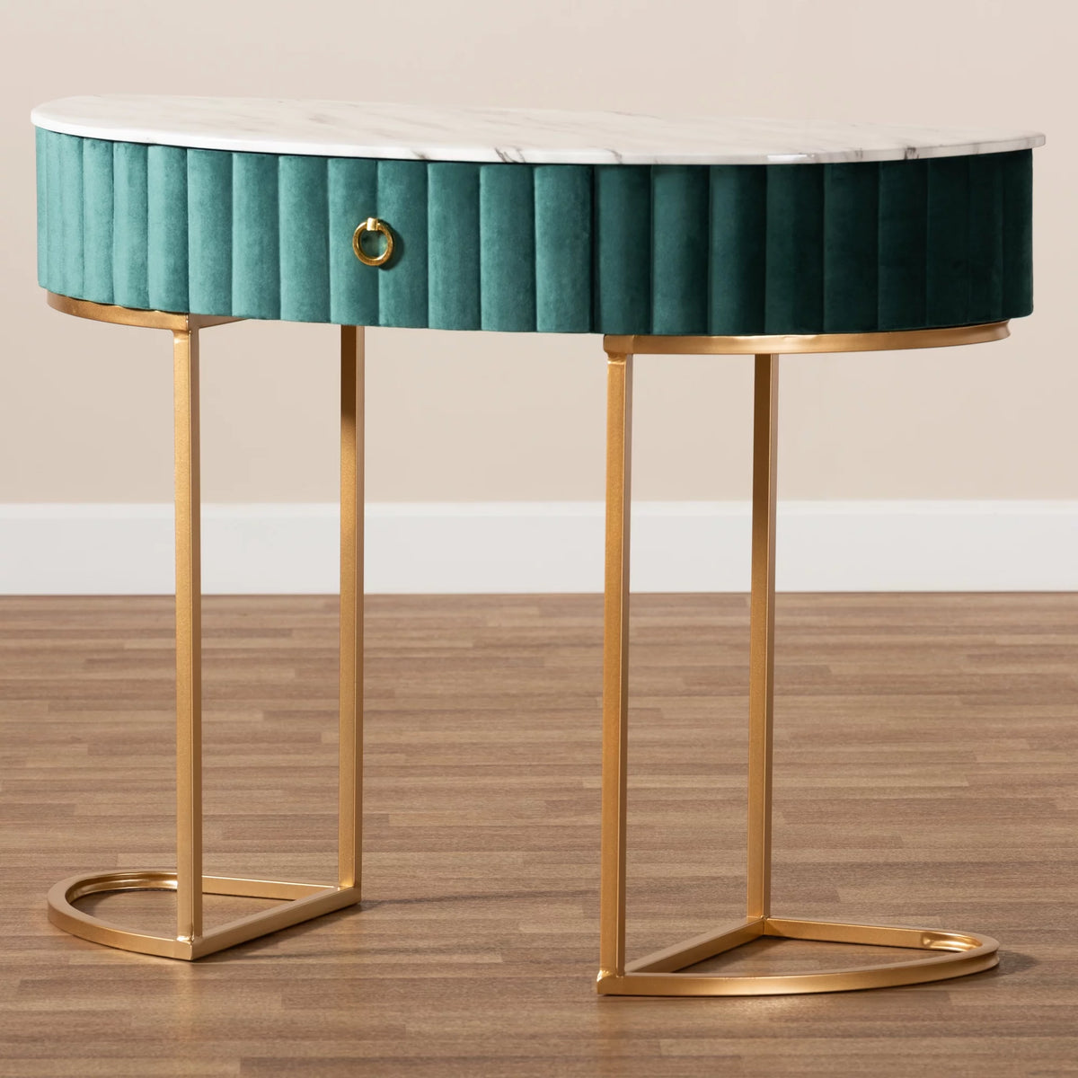 Green Velvet 1-Drawer Console Table with Faux Marble Tabletop D586374