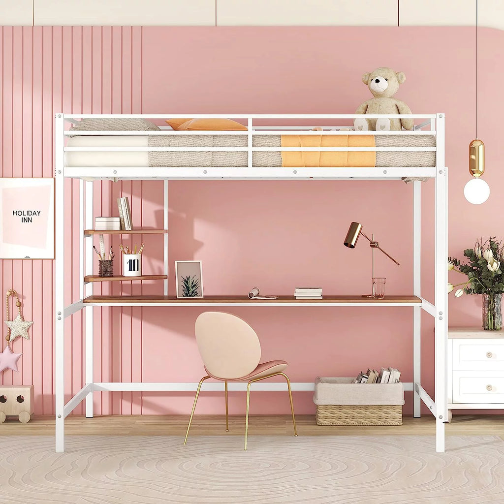 Full Size White Metal Loft Bed with Long Desk and Shelves X399353
