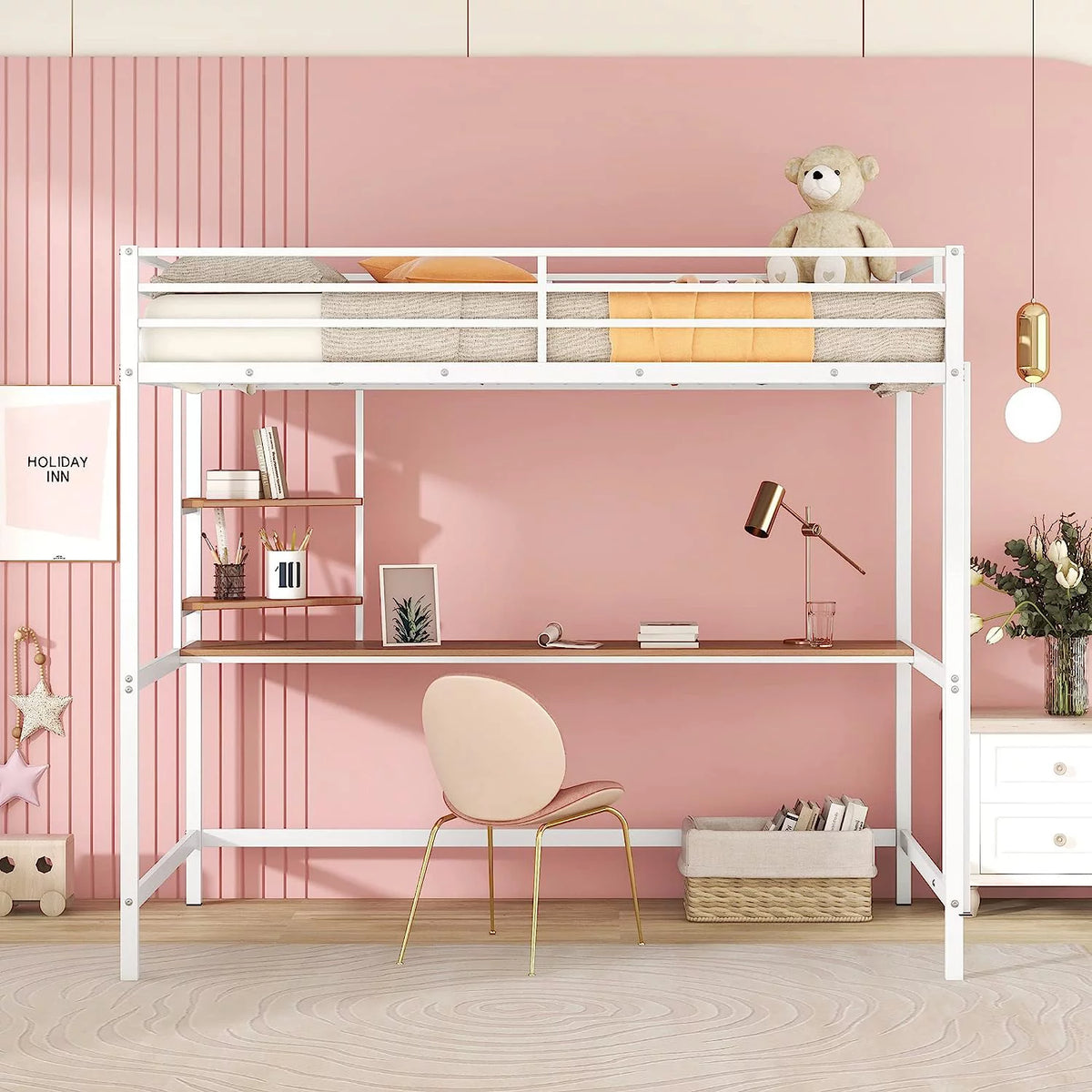 Full Size White Metal Loft Bed with Long Desk and Shelves X399353