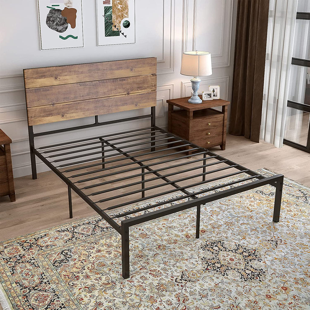 Queen Size Metal Wood Bed Frame with White Headboard I798534