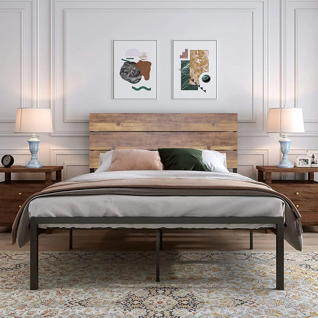 Queen Size Metal Wood Bed Frame with White Headboard I798534