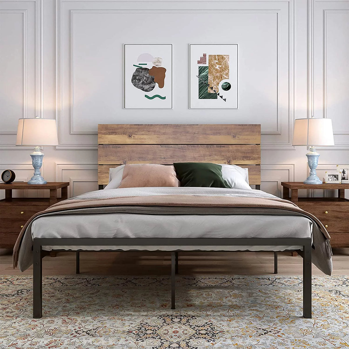 Queen Size Metal Wood Bed Frame with White Headboard I798534
