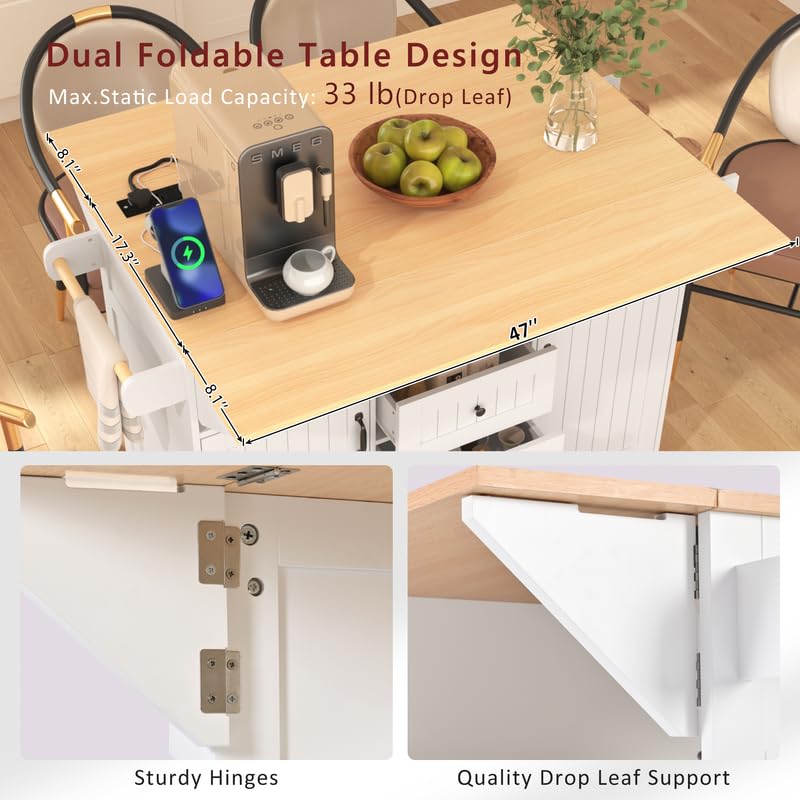 55.7'' Rolling Kitchen Island with Drop Leaf and Power Outlet Q477