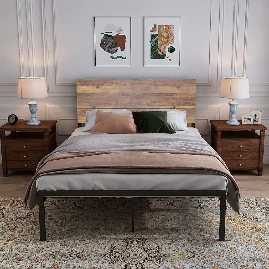 Queen Size Metal Wood Bed Frame with White Headboard I798534