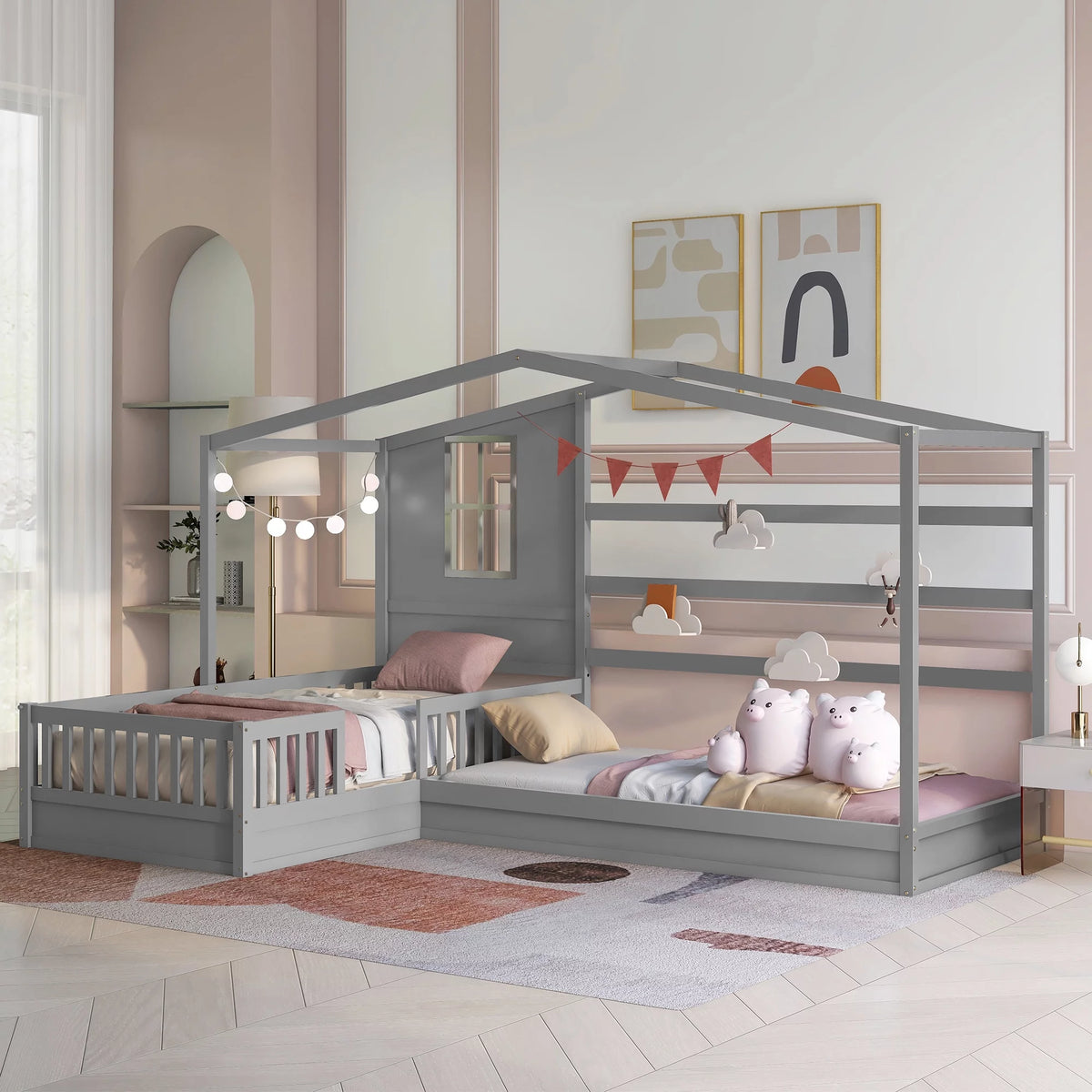 Wood L-Shape Twin Bed Frame with Roof and Fence Railings X2473