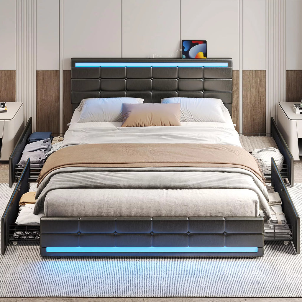 Queen Size Upholstered Platform Bed Frame with Storage Drawers G864