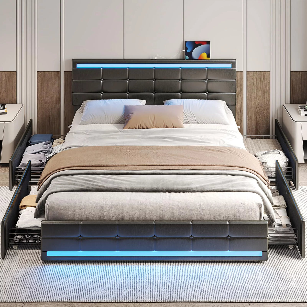 Queen Size Upholstered Platform Bed Frame with Storage Drawers G864