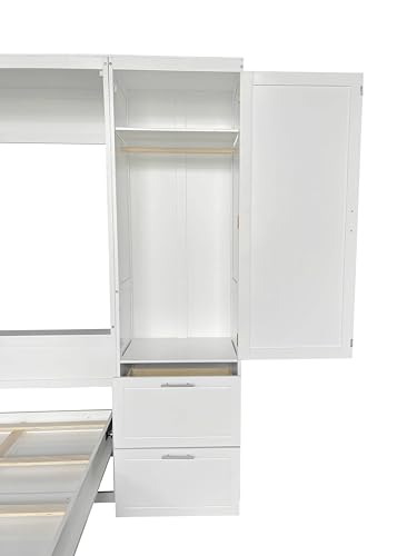 Queen White Wooden Murphy Bed with Built-in Closets, Drawers, and Shelving E1107