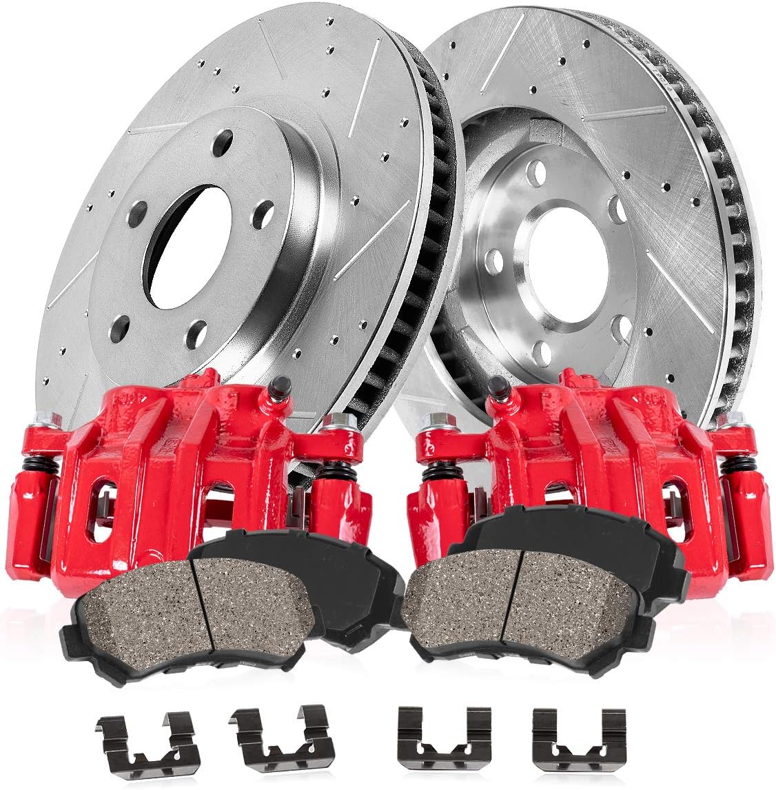 Red Coated Calipers Drilled Slotted Rotors Ceramic Pads Brake Kit T108726
