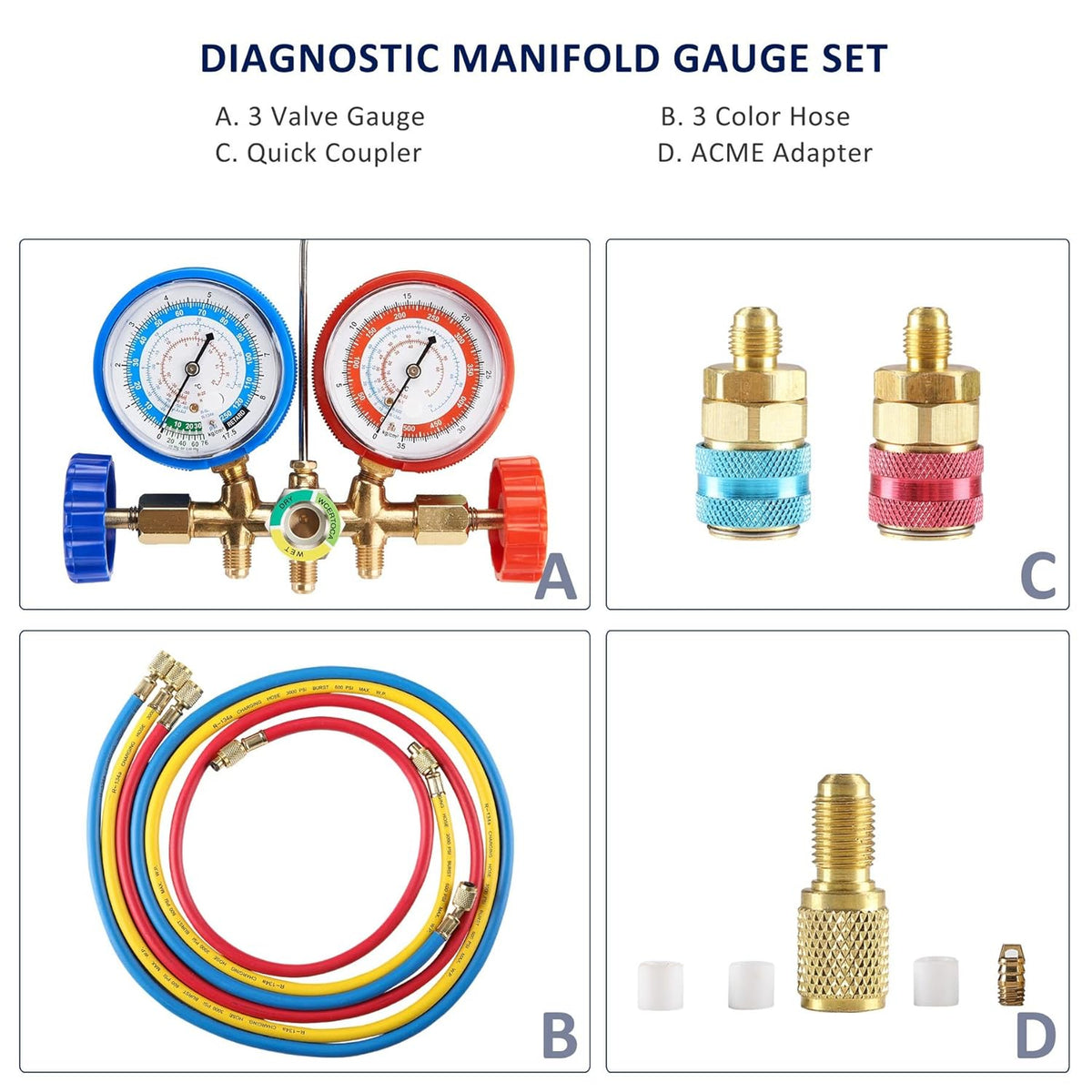 AC Diagnostic Manifold Freon Gauge Set with Couplers, Adapter for R134A R12 R22 R502 C776359