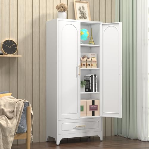 White 71 Inch Tall Metal Storage Cabinet with Doors and Shelves Q84737