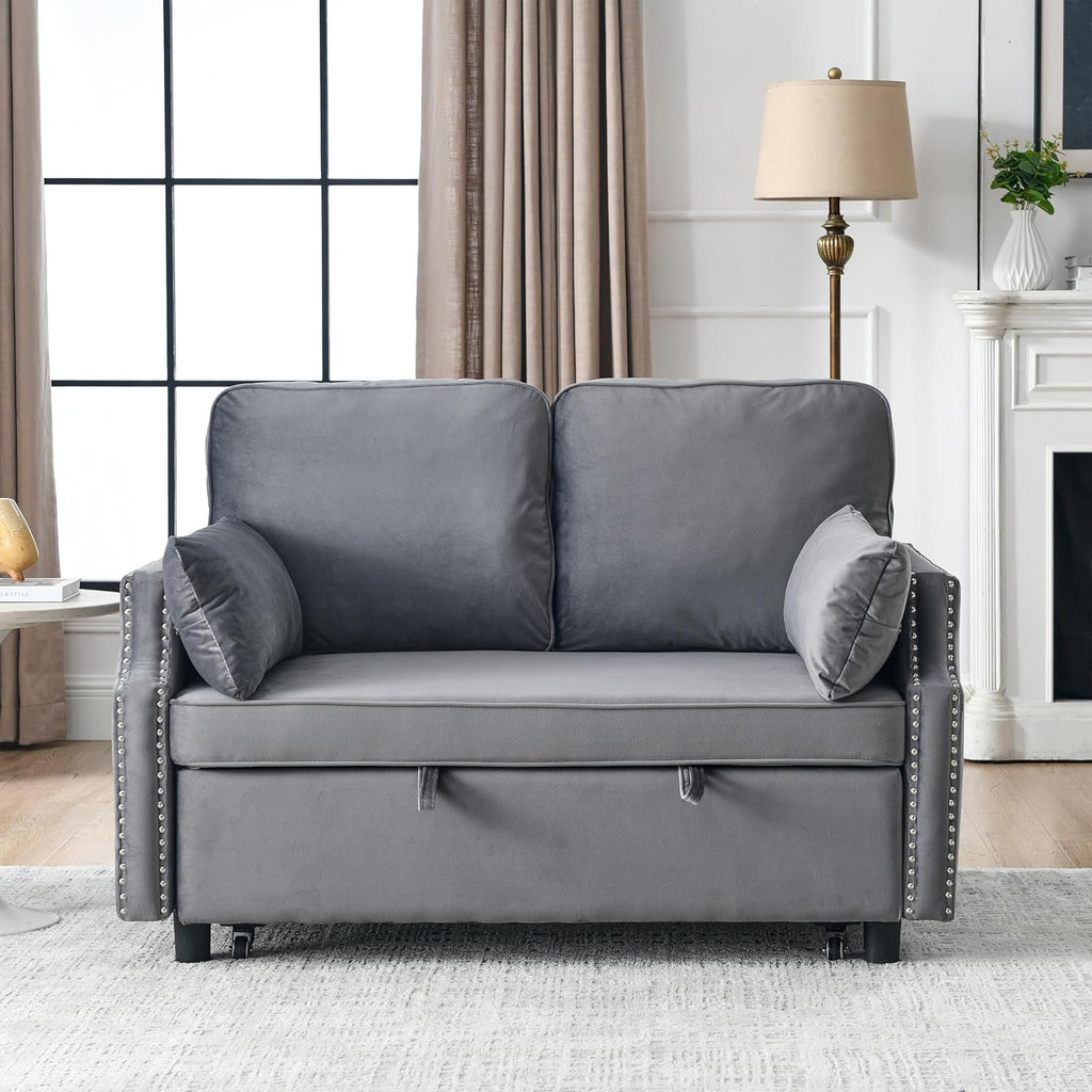 Grey Velvet Upholstered Recliner Bed with Pull-Out Sleeper Sofa Folding Loveseat Z602775