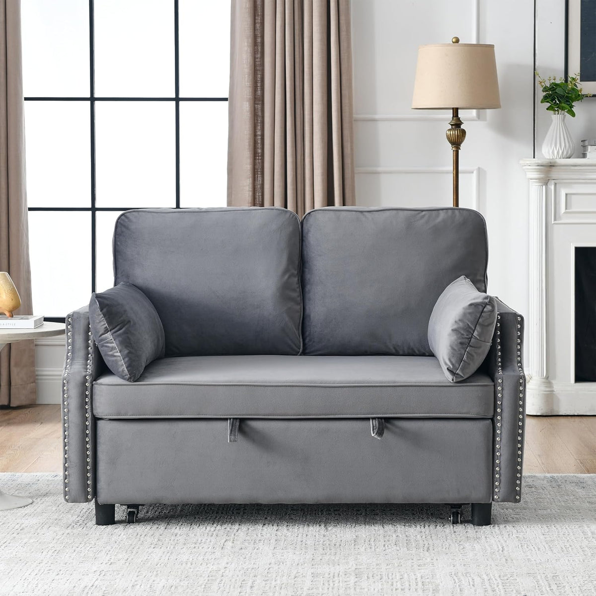 Grey Velvet Upholstered Recliner Bed with Pull-Out Sleeper Sofa Folding Loveseat Z602775