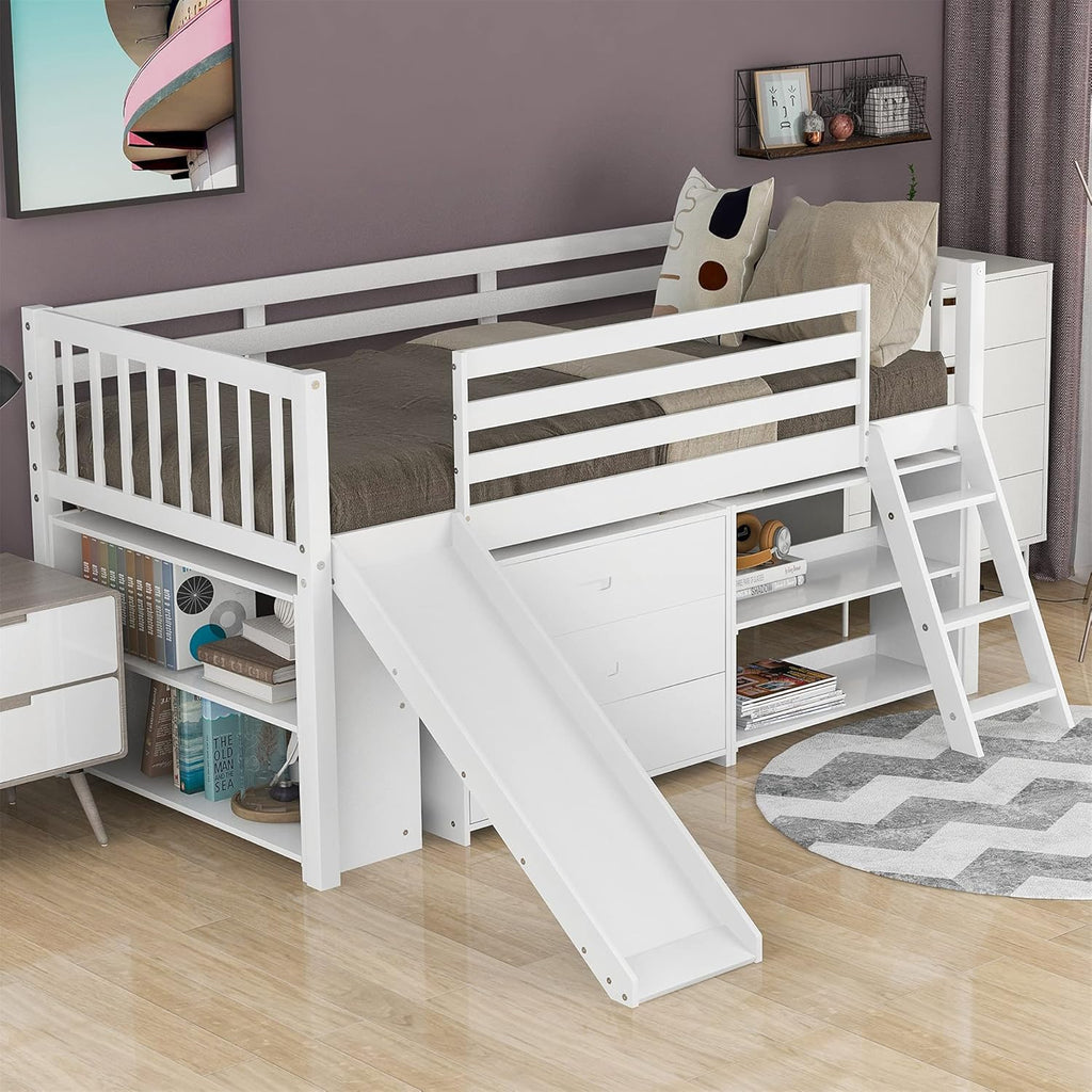Gray Solid Wood Twin Loft Bed with Slide and Storage W877647