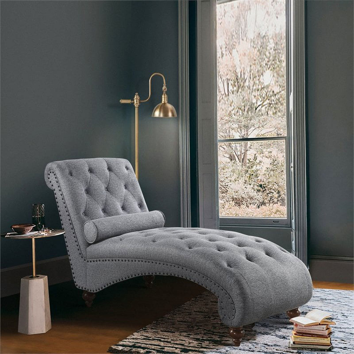 Dark Gray Wood & Fabric Chaise with 1 Bolster Pillow F2263