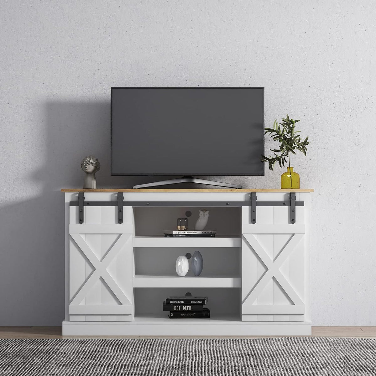 White Sliding Barn Door Wood TV Stand H54818