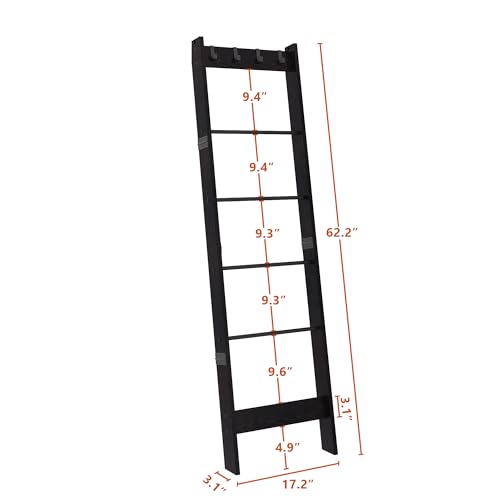 6 Tier Blanket Ladder Shelf with 4 Metal Hooks, Rustic Brown I70020