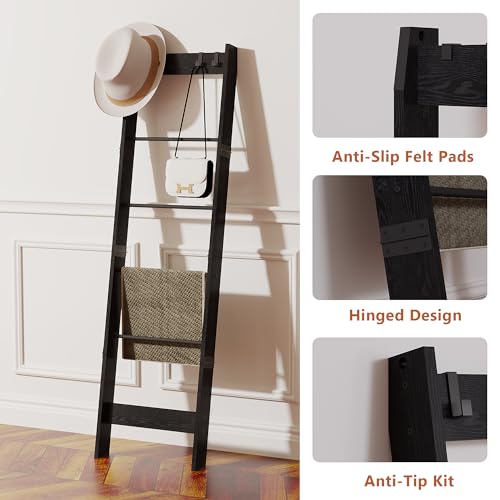 6 Tier Blanket Ladder Shelf with 4 Metal Hooks, Rustic Brown I70020