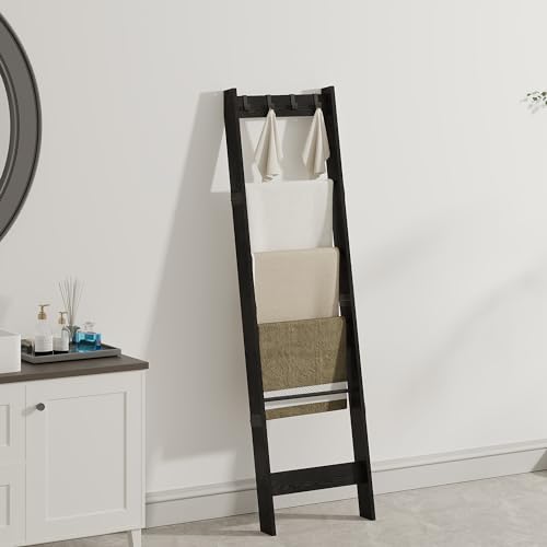 6 Tier Blanket Ladder Shelf with 4 Metal Hooks, Rustic Brown I70020