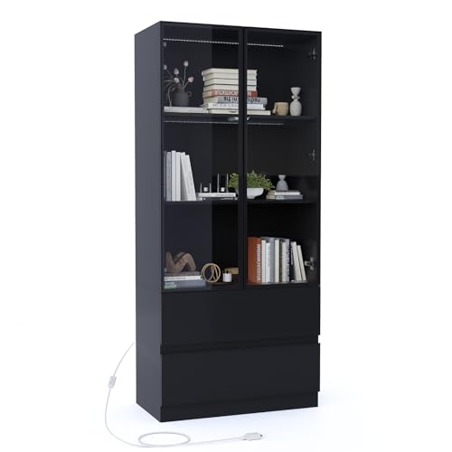 Glass Display Cabinet with LED Lights, 3-Tier Shelves and 2 Drawers I2698