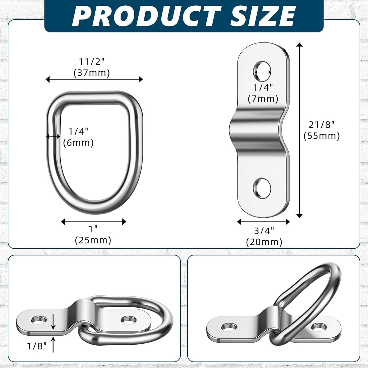 60 Pcs 1/4 Inch Heavy Duty Stainless Steel D Rings J519