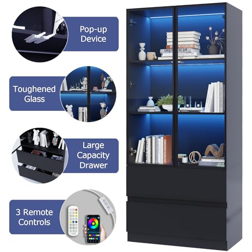 Glass Display Cabinet with LED Lights, 3-Tier Shelves and 2 Drawers I2698