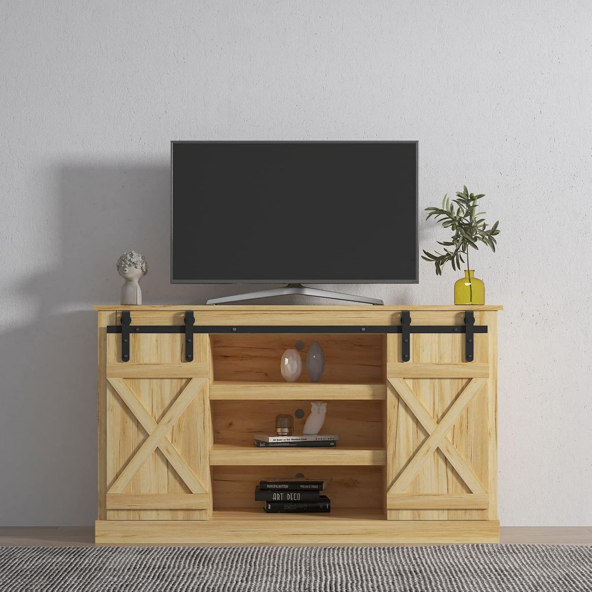 White Sliding Barn Door Wood TV Stand H54818