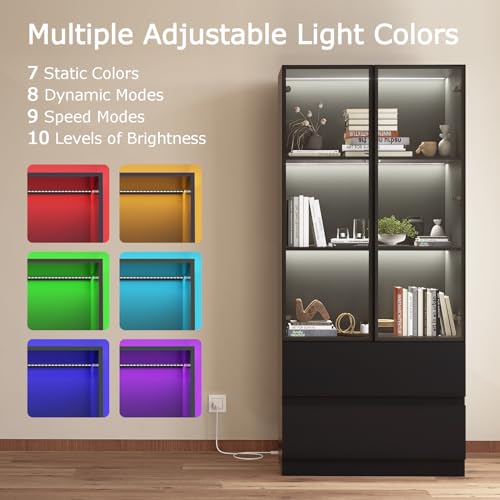 Glass Display Cabinet with LED Lights, 3-Tier Shelves and 2 Drawers I2698