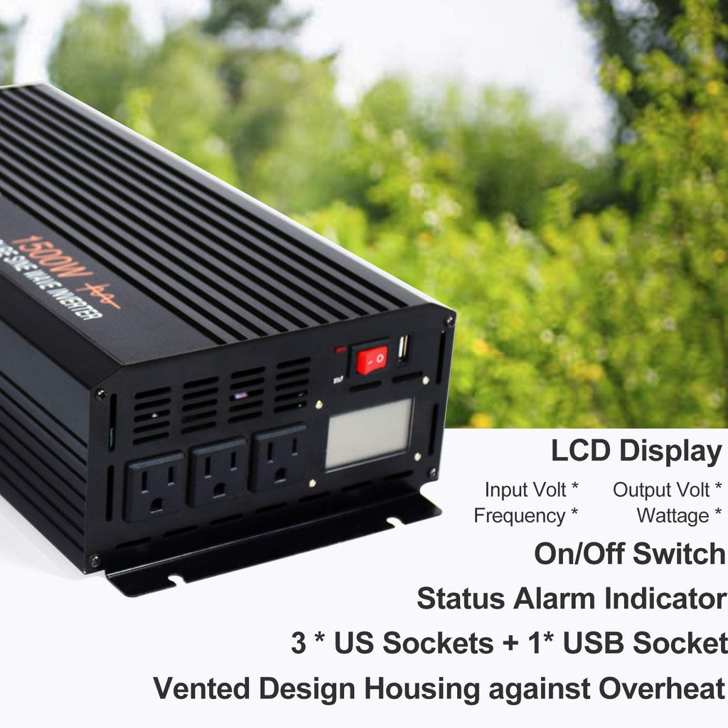 1500 Watt Pure Sine Wave Inverter 12v DC to AC 110v 120v with LCD Display N433