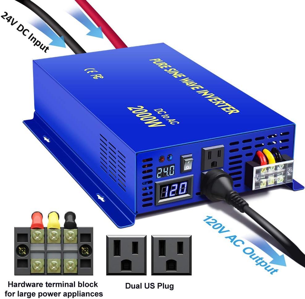 Pure Sine Wave Inverter 24V to 110v 120v 2500 Watt with Dual AC Receptacles W7362
