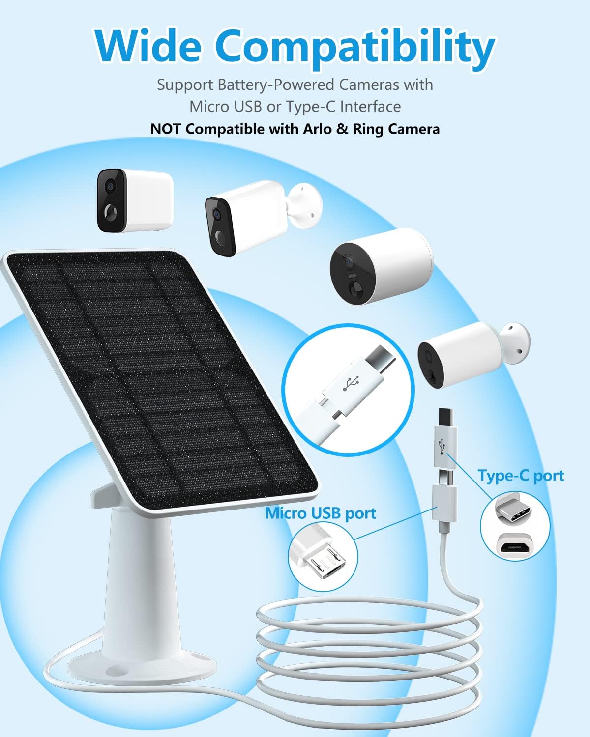 5V 4W Waterproof Solar Panel Kit for Rechargeable Battery Security Camera, Micro USB & Type-C Port, 2 Pack C1393
