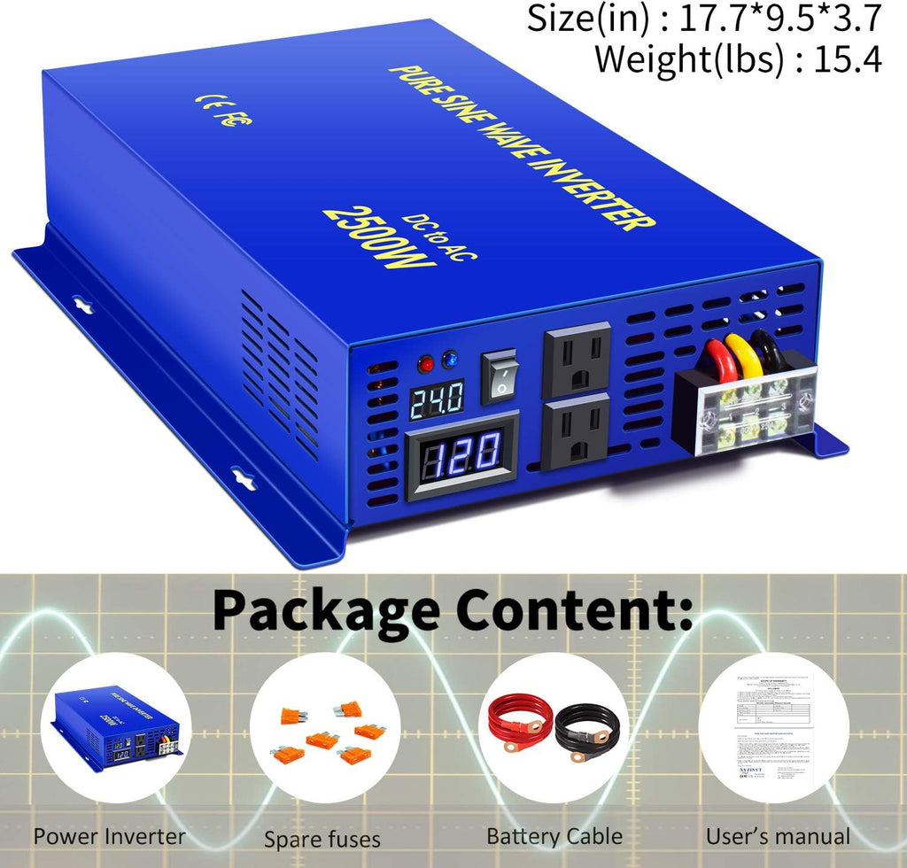 Pure Sine Wave Inverter 24V to 110v 120v 2500 Watt with Dual AC Receptacles W7362