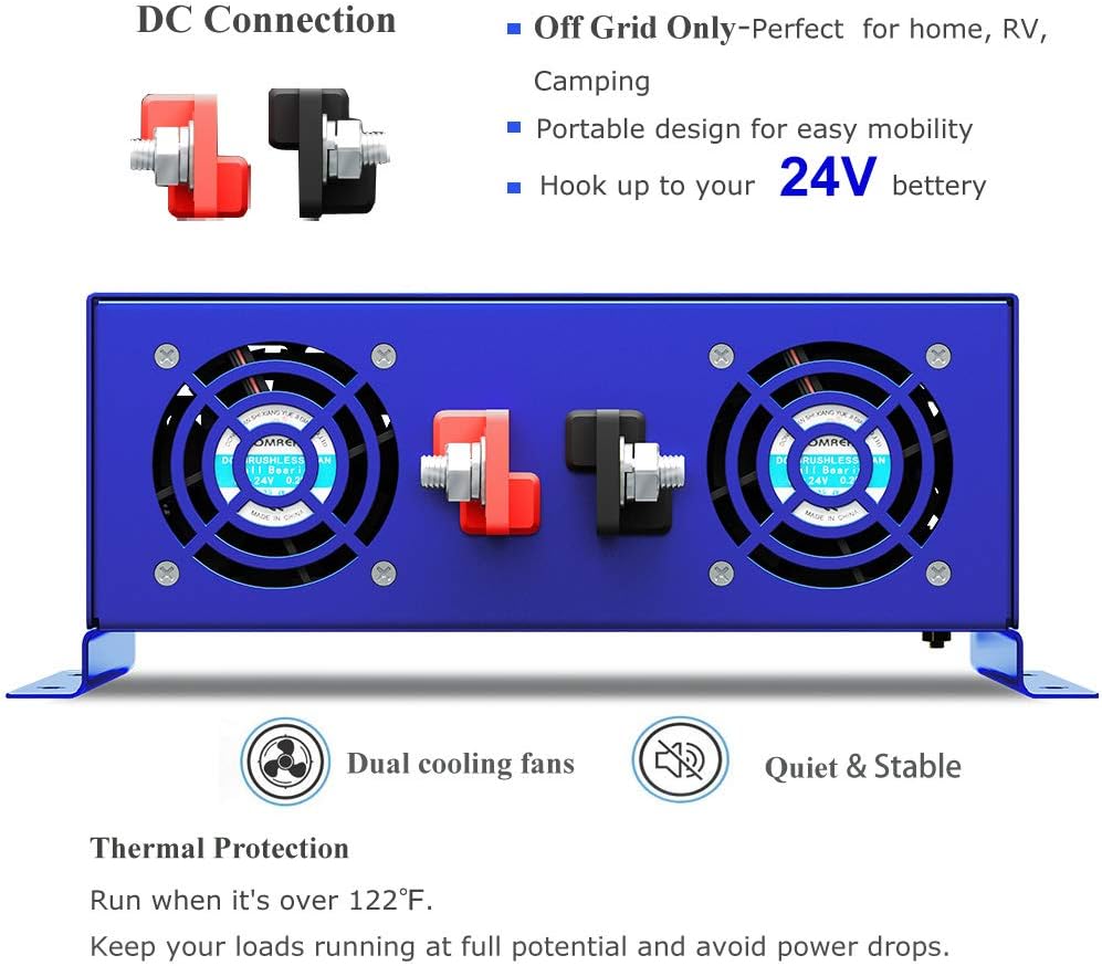 Pure Sine Wave Inverter 24V to 110v 120v 2500 Watt with Dual AC Receptacles W7362
