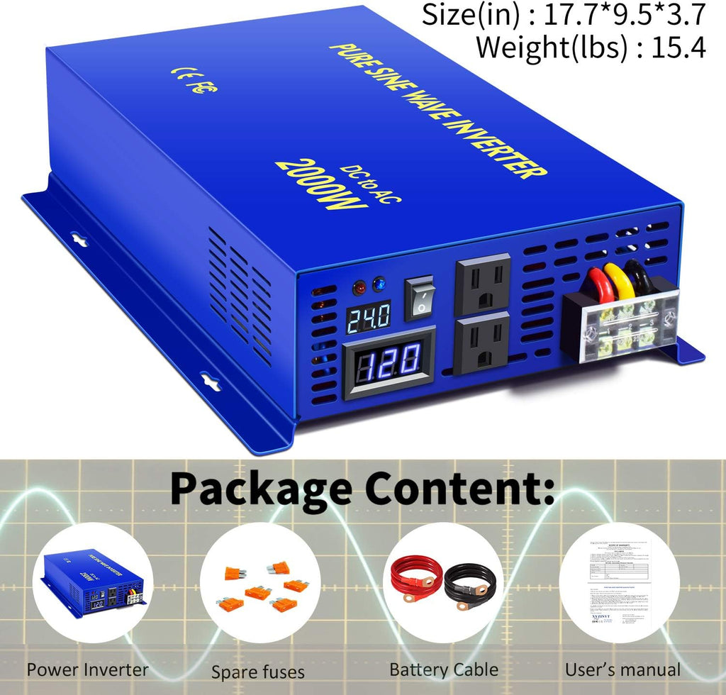 Pure Sine Wave Inverter 24V to 110v 120v 2500 Watt with Dual AC Receptacles W7362