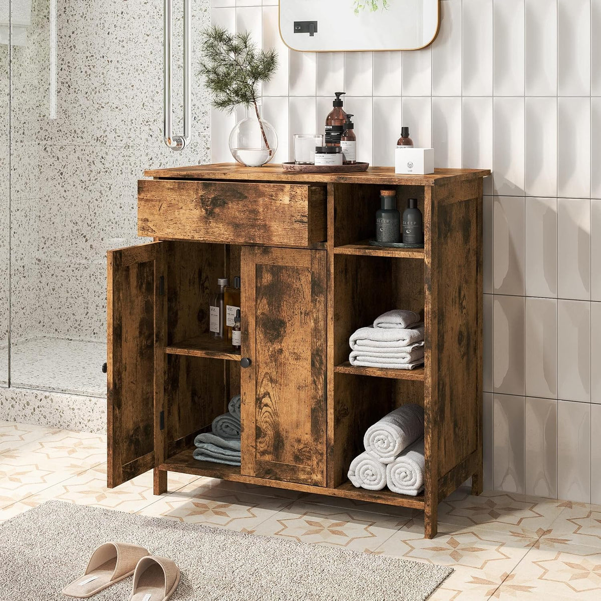 Rustic Brown Free-Standing Bathroom Cabinet with Drawer and Adjustable Shelf J90029