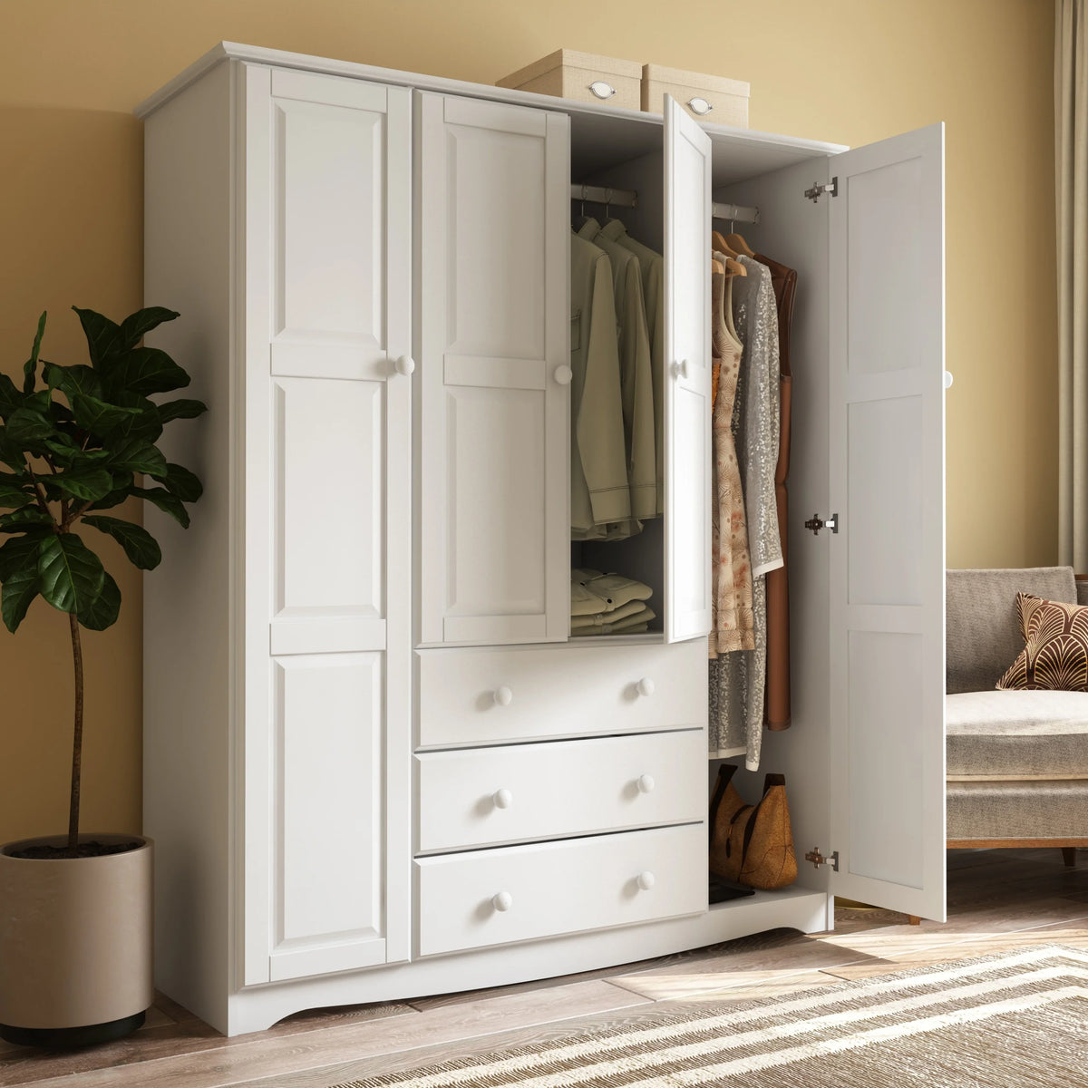 100% Solid Wood 4-Door Wardrobe Armoire V56579