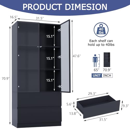 Glass Display Cabinet with LED Lights, 3-Tier Shelves and 2 Drawers I2698