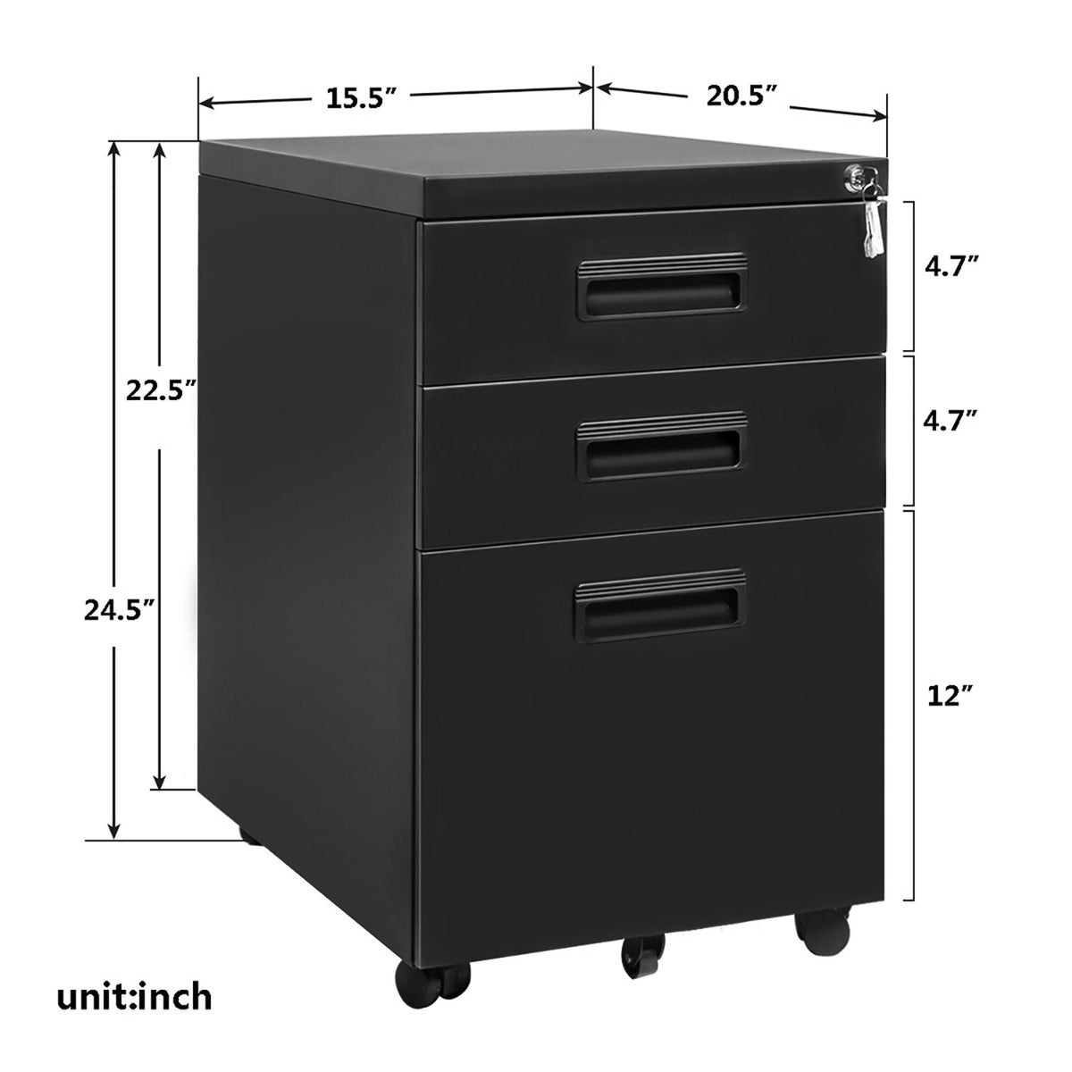 3-Drawer Black Metal File Cabinet with Keys V48798