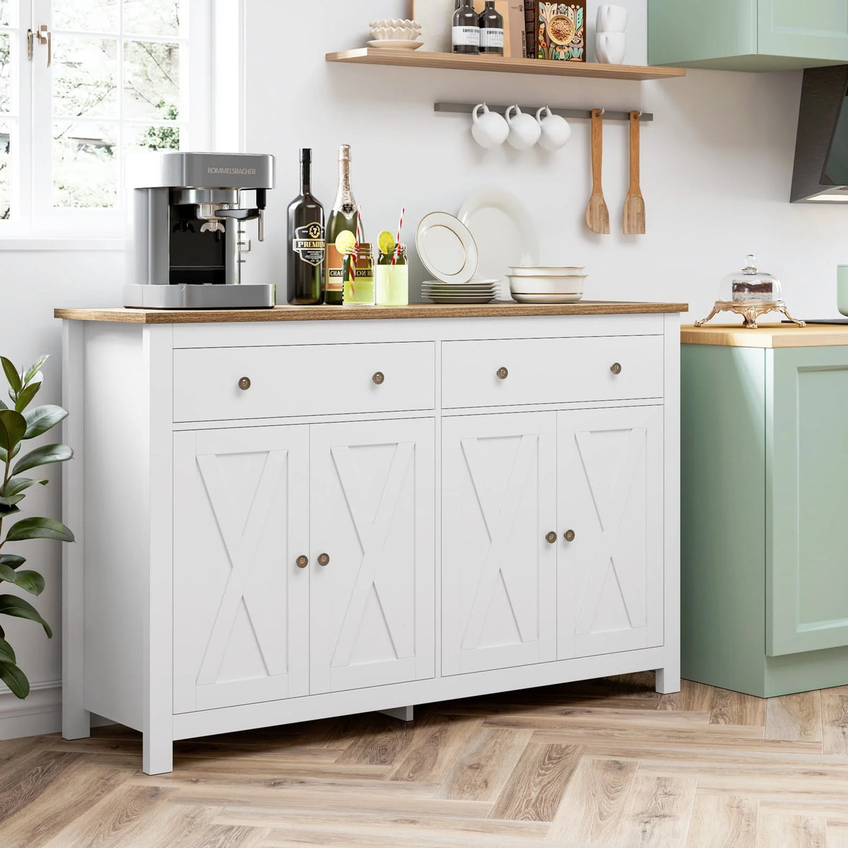 White 4-Doors 2-Drawers Wood Storage Cabinet D22991