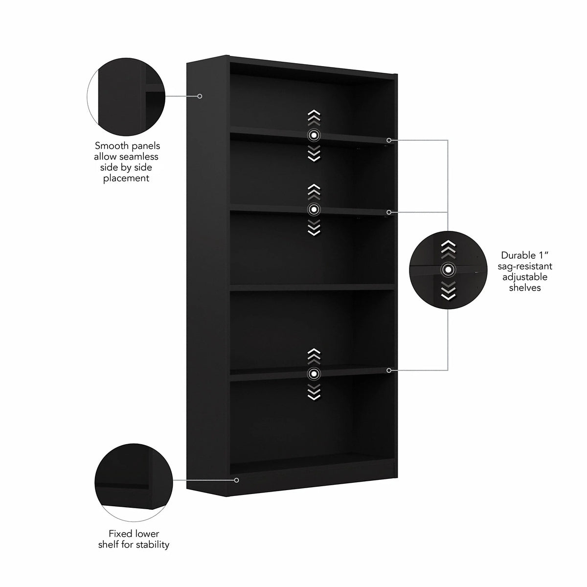 5 Shelf Classic Black Bookcase W385724