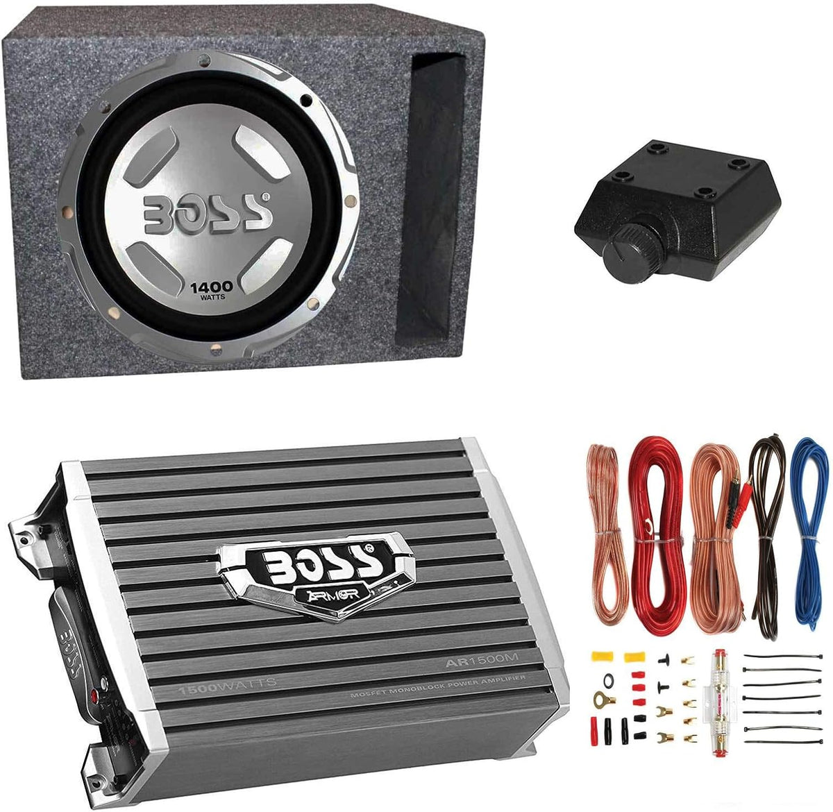 12 1400W Car Audio Subwoofer & 1500W Mono Amplifier with 8 Gauge Wiring Kit & Single 12 Vented Subwoofer Enclosure Box V94253