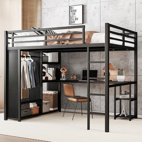 Queen Size Metal Loft Bed with Wardrobe and L-Shaped Desk Y846