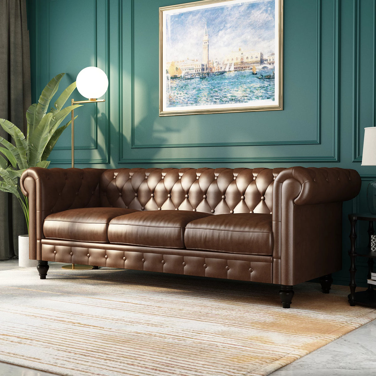 Button Tufted Faux Leather 3-Seater Sofa Z9247