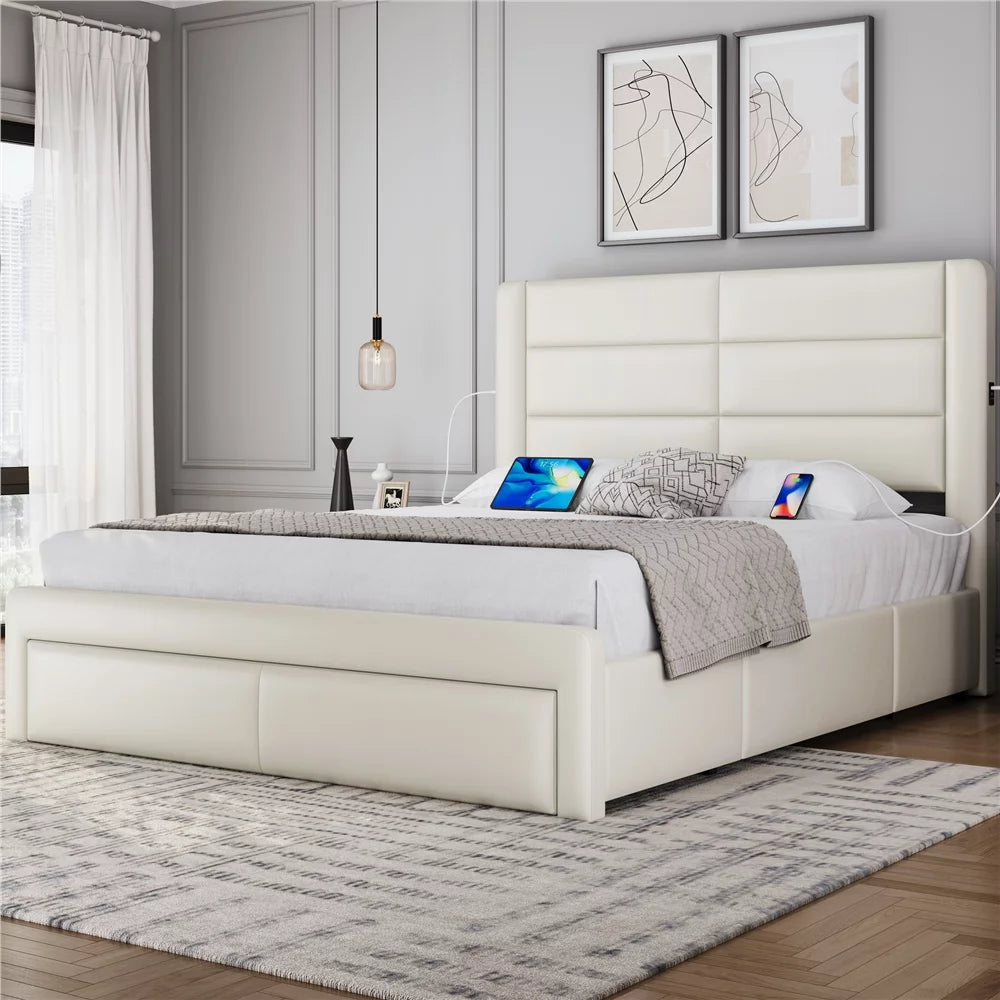 Queen Upholstered Leather Bed Frame with 3 Storage Drawers and USB Ports, Black N393