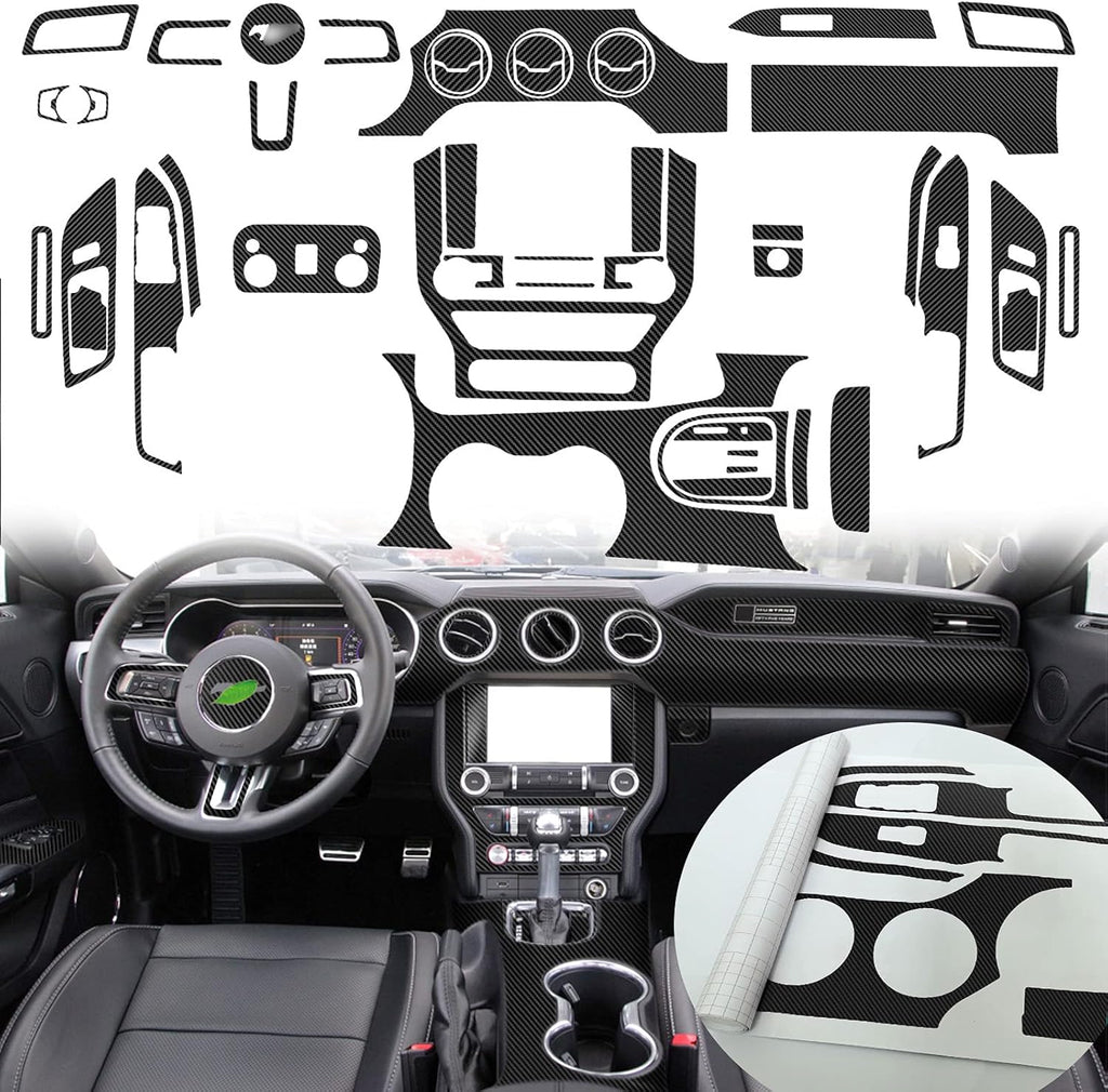 Carbon Fiber Texture Vinyl Wrap Center Console Dashboard Cover for Mustang 48PCS Black Y735