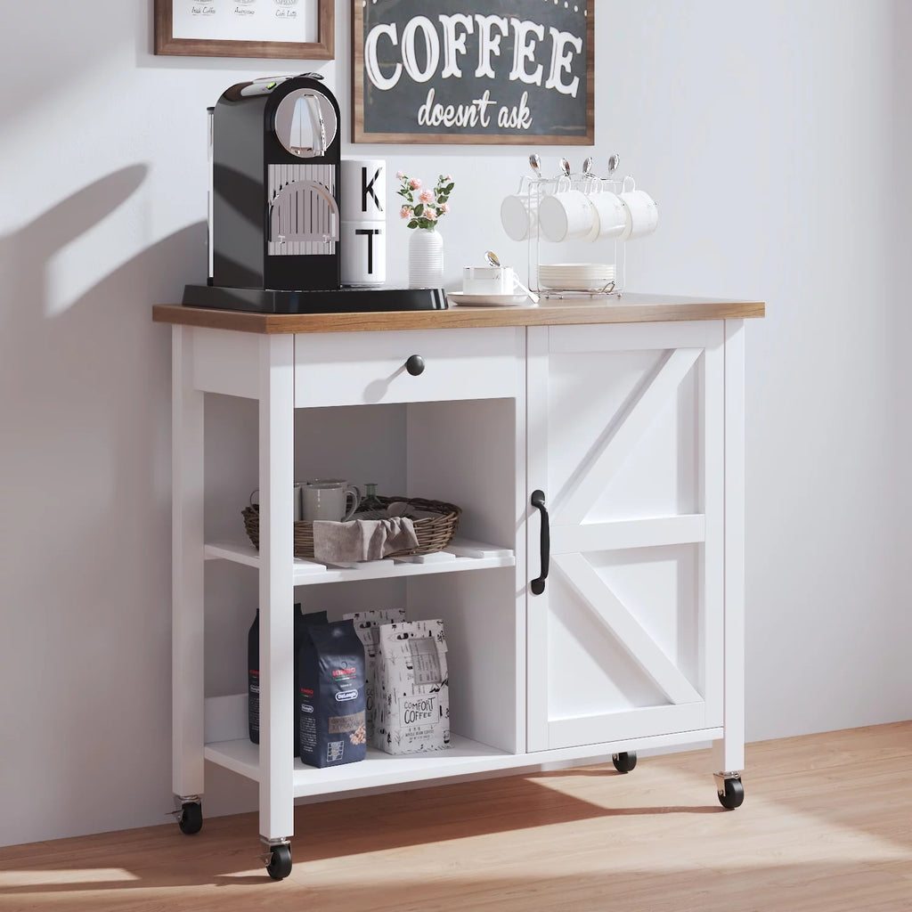 White Kitchen Island Cart on Wheels with Storage W968