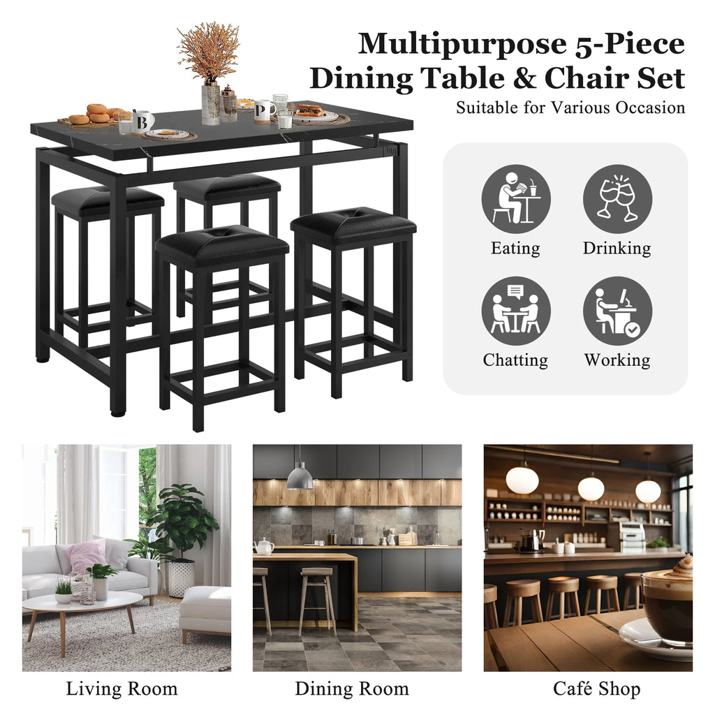 5 Piece Counter Height Dining Table Set with 4 Faux Leather Stools E348