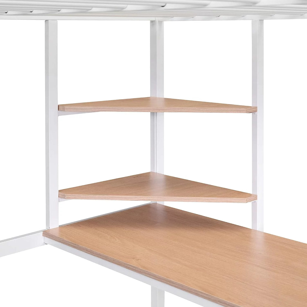Full Size White Metal Loft Bed with Long Desk and Shelves X399353
