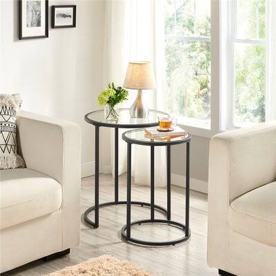 Black Round Nesting End Table Set with Metal Frame and Glass Top Y667212